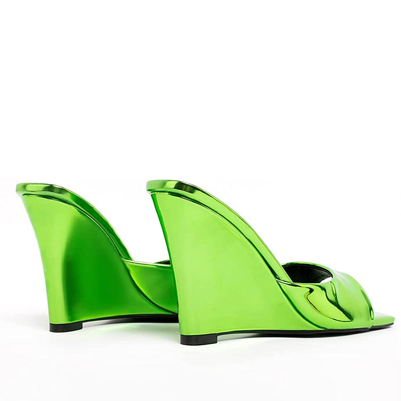 Elegant Square Toe Patent Leather Wedge Mules - Green