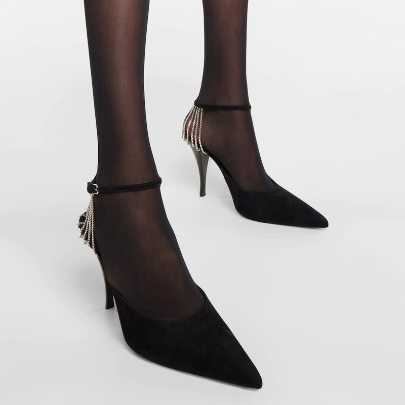 Elegant Suede Pointed Toe Chain Trim Stiletto Pumps - Black