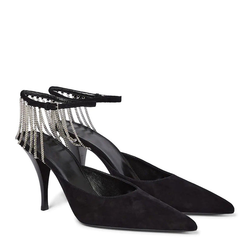 Elegant Suede Pointed Toe Chain Trim Stiletto Pumps - Black