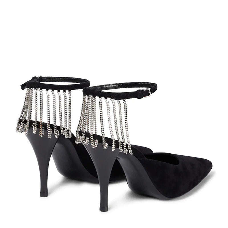 Elegant Suede Pointed Toe Chain Trim Stiletto Pumps - Black