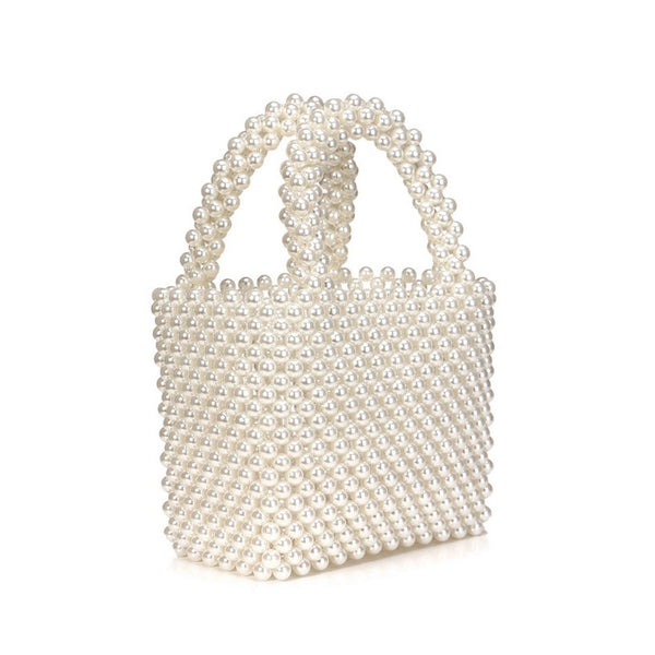 Elegant Top Handle Hand-Woven Pearlized Beaded Clutch Bag - White