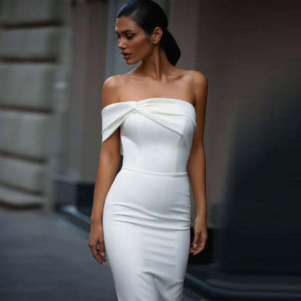 Elegant Twist Off Shoulder Bandage Cocktail Midi Dress - White