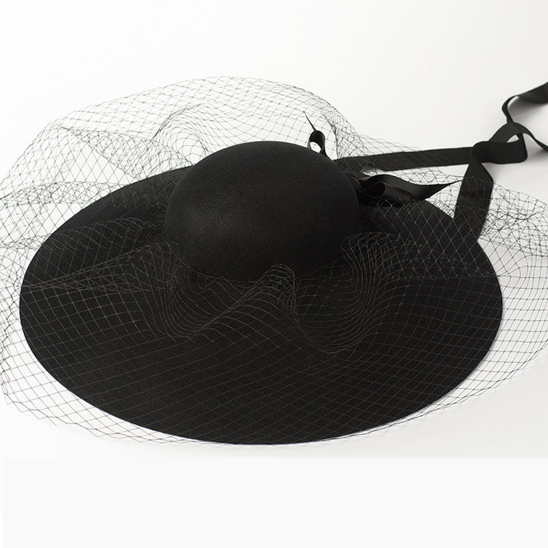 Elegant Veil Bow Trimmed Woolen Felt Hat - Black