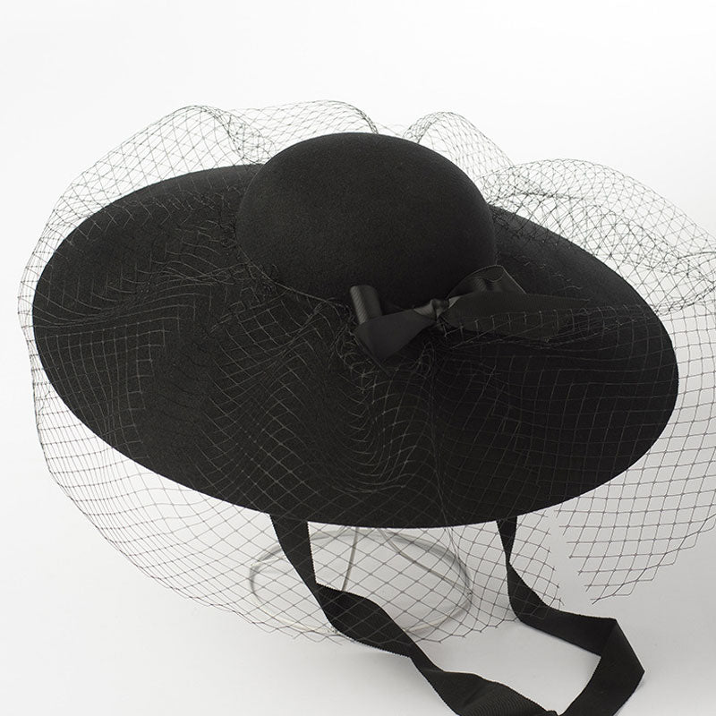 Elegant Veil Bow Trimmed Woolen Felt Hat - Black