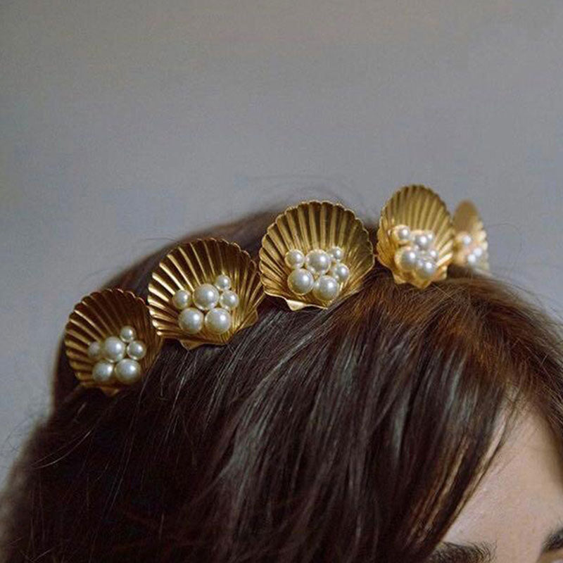 Engraved Shell Pearl Embellished Headband - Gold