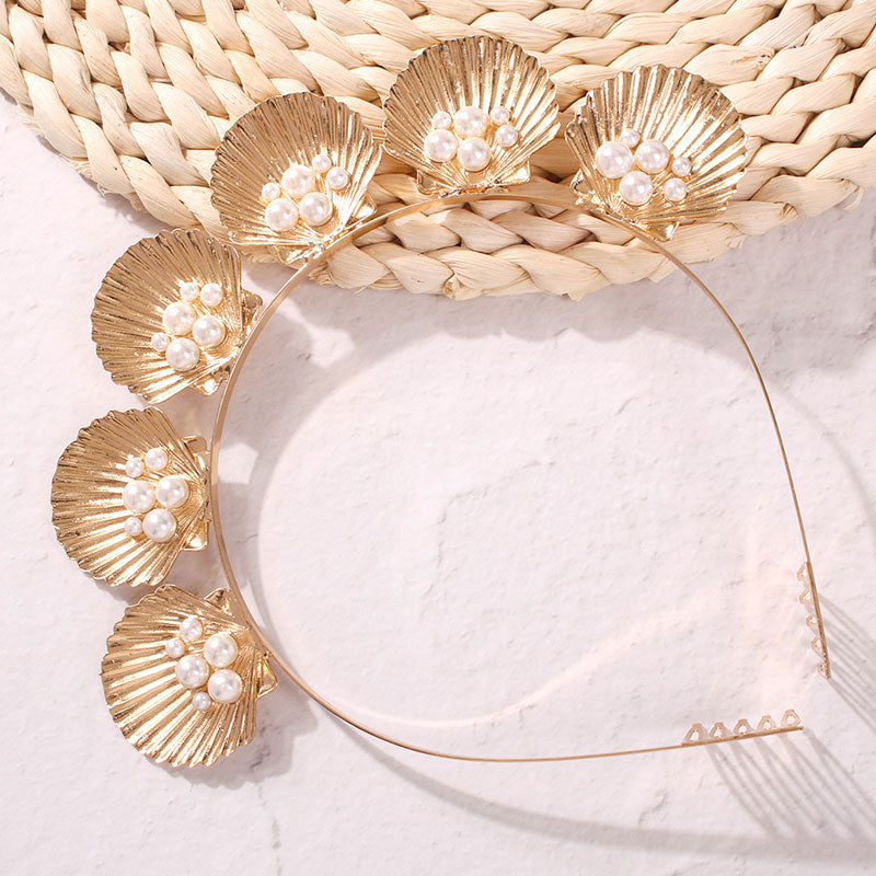 Engraved Shell Pearl Embellished Headband - Gold