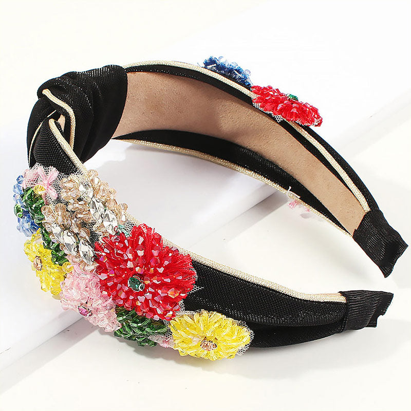 Fabulous Flower Beaded Embellished Knotted Hair Band - Black