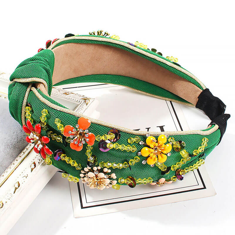 Fabulous Flower Beaded Embellished Knotted Hair Band - Green