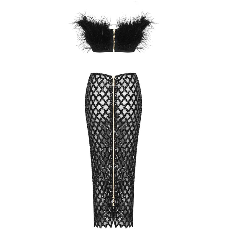 Fancy Faux Feather Trim Diamante Mesh High Rise Skirt Matching Set - Black