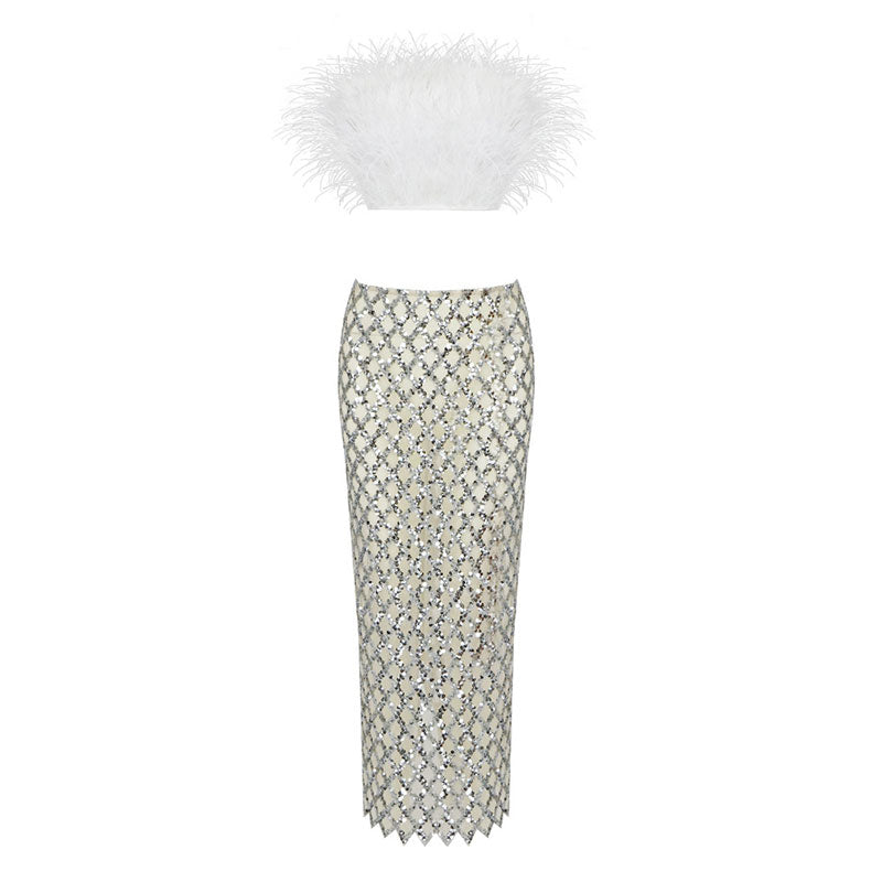 Fancy Faux Feather Trim Diamante Mesh High Rise Skirt Matching Set - White