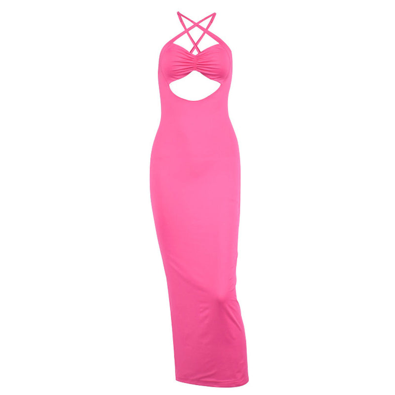 Feminine Criss Cross Sleeveless Slit Ruched Cutout Midi Dress - Hot Pink