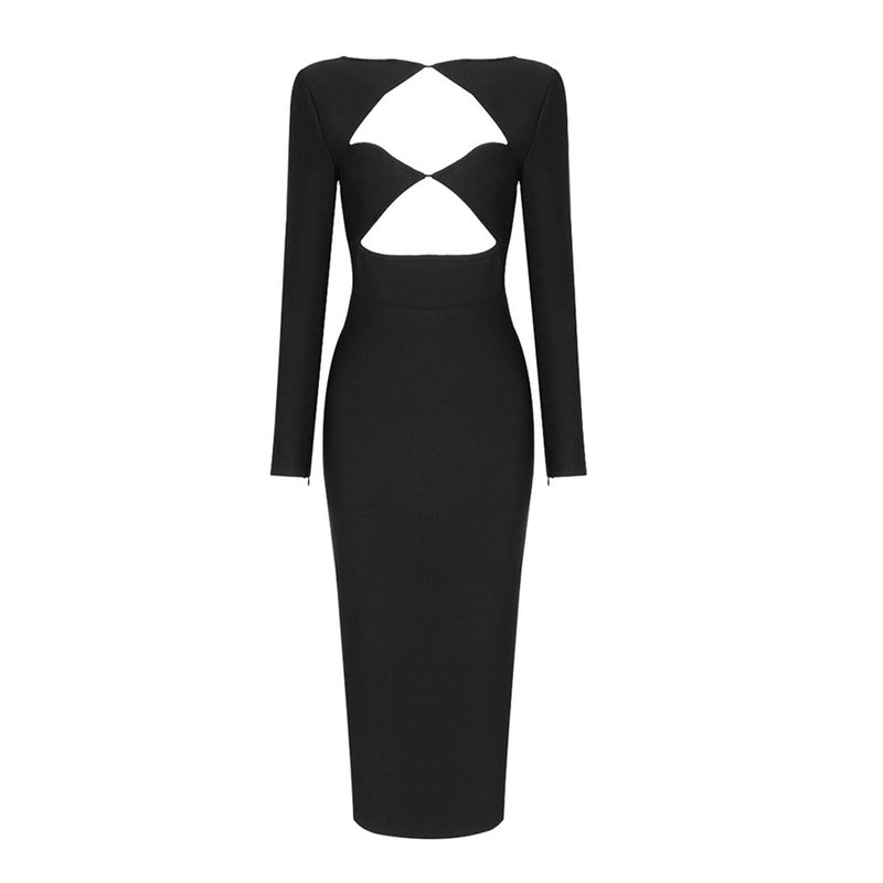 Feminine Cut Out Slit Back Long Sleeve Bandage Midi Dress - Black