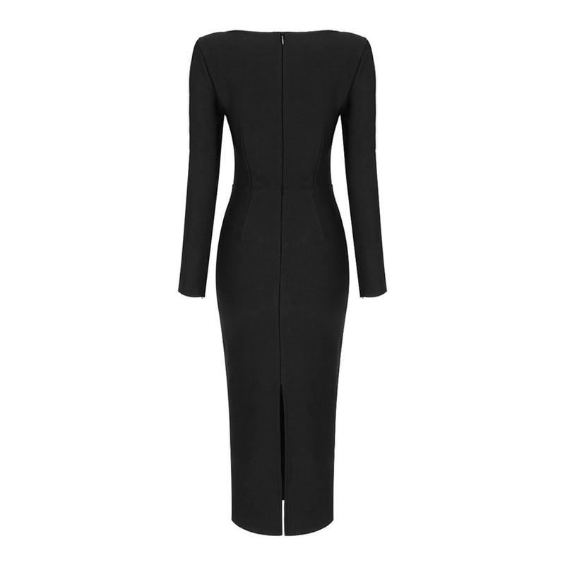 Feminine Cut Out Slit Back Long Sleeve Bandage Midi Dress - Black
