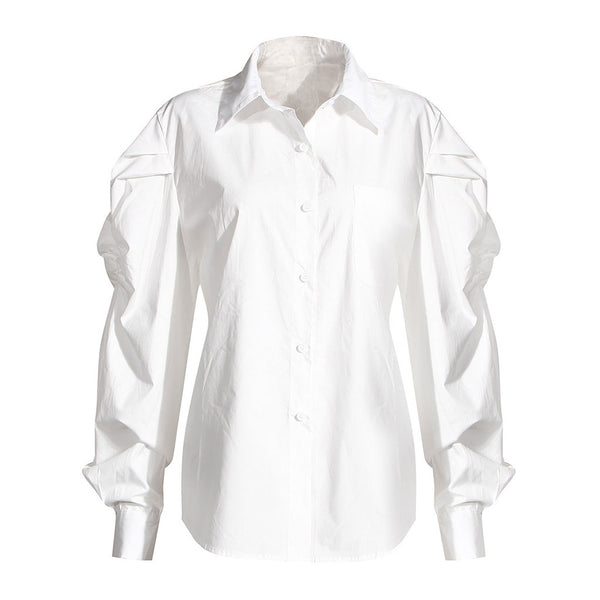 Feminine Folded Collar Balloon Sleeve Button Down Blouse