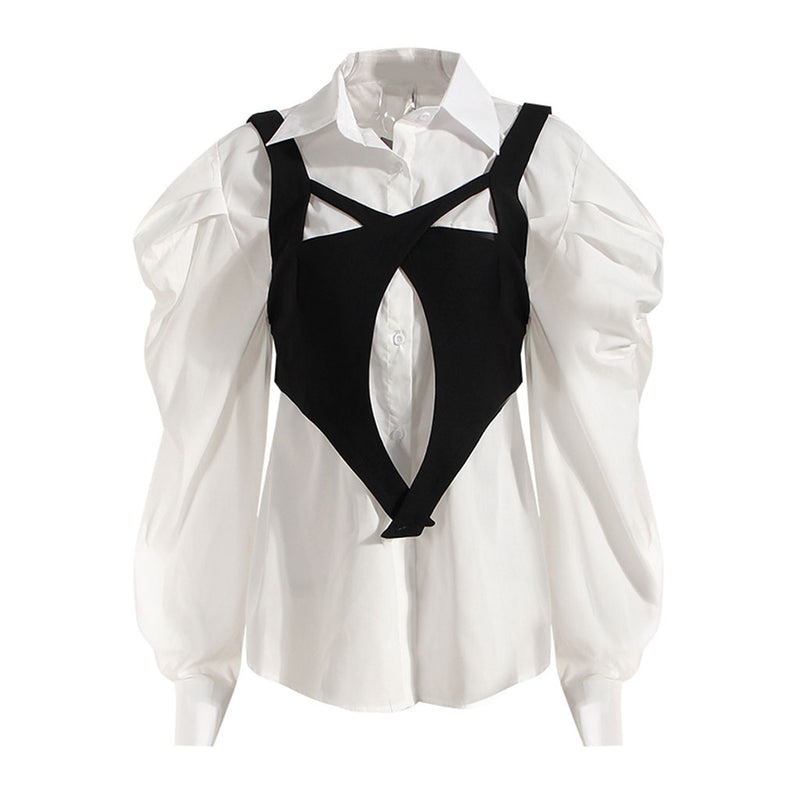 Feminine Folded Collar Balloon Sleeve Button Down Blouse