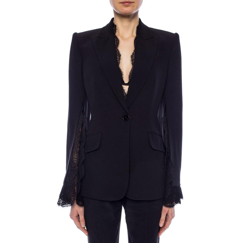 Feminine Lace Trimmed Peak Lapel Shoulder Pad Single Breasted Tailored Blazer - Black