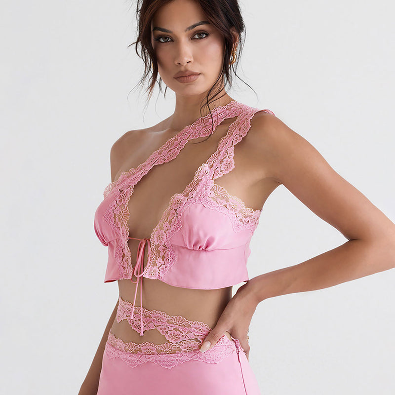 Feminine One Shoulder Front Tie Lace Trim Satin Cropped Top - Pink