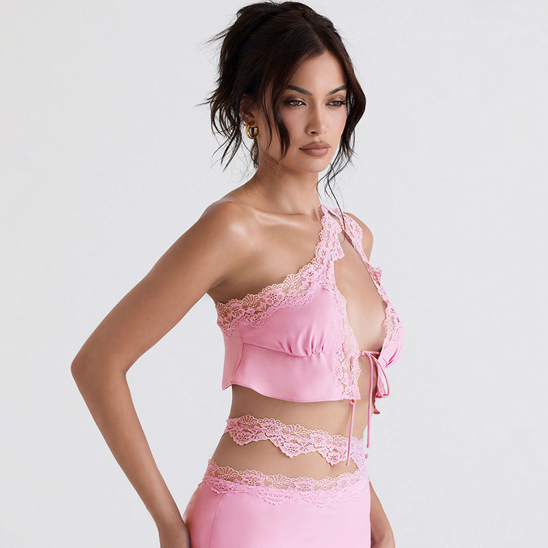Feminine One Shoulder Front Tie Lace Trim Satin Cropped Top - Pink
