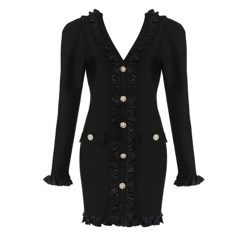Feminine Ruffle Trim Button Detail V Neck Puff Sleeve Mini Bandage Dress - Black