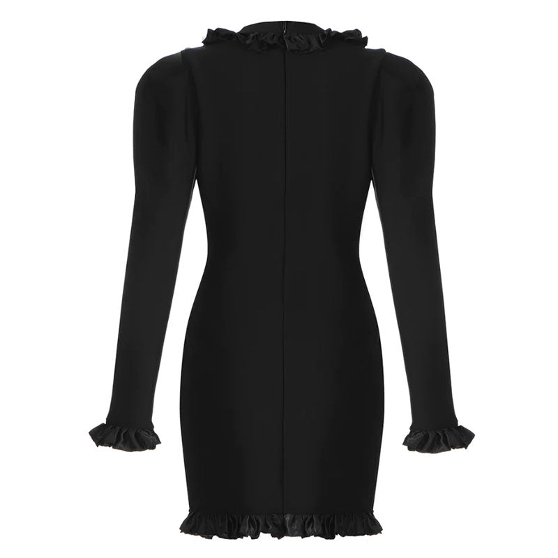 Feminine Ruffle Trim Button Detail V Neck Puff Sleeve Mini Bandage Dress - Black