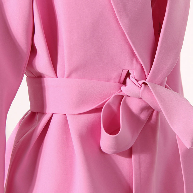 Feminine Solid Color Shawl Collar Shoulder Pad Long Sleeve Belted Blazer