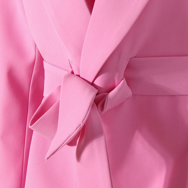 Feminine Solid Color Shawl Collar Shoulder Pad Long Sleeve Belted Blazer