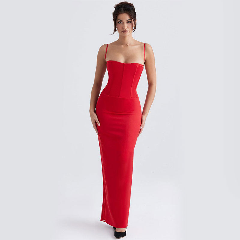 Feminine Spaghetti Strap Back Slit Bodycon Maxi Satin Corset Dress - R –  Luxedress