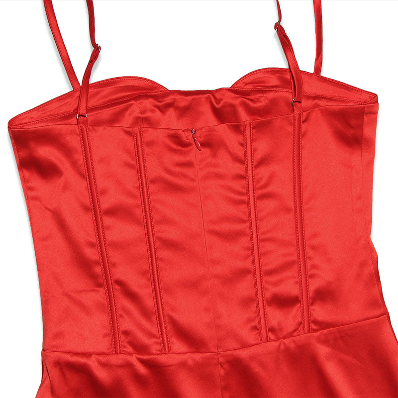 Feminine Spaghetti Strap Back Slit Bodycon Maxi Satin Corset Dress - Red