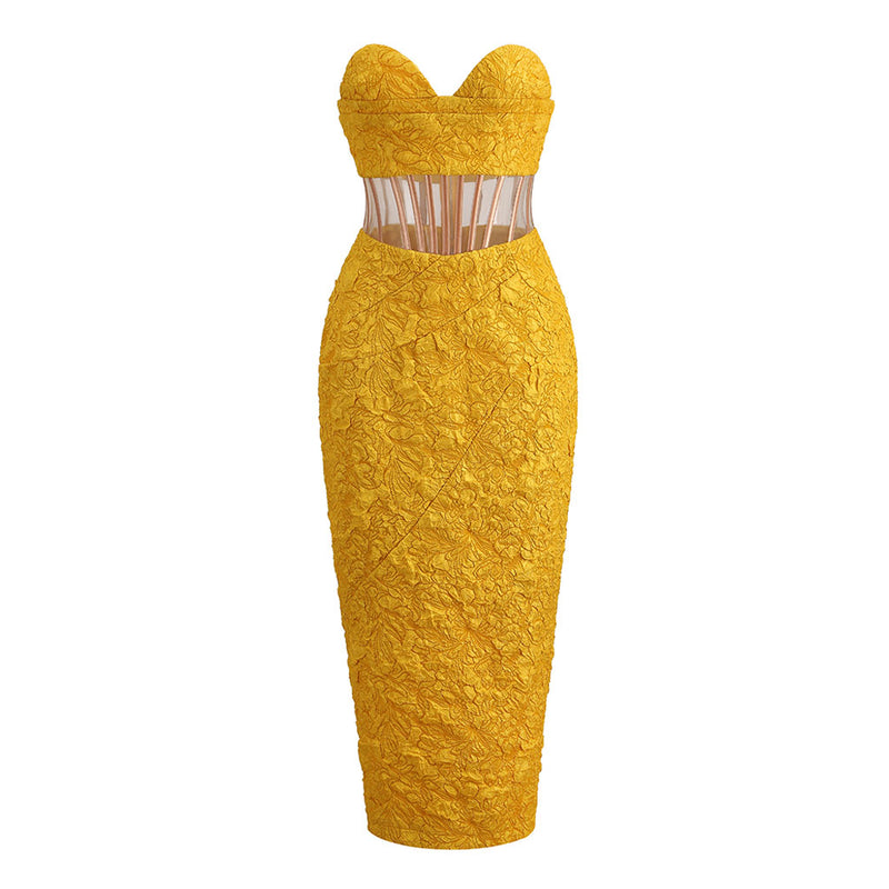 Feminine Sweetheart Strapless Jacquard Mesh Corset Midi Dress - Yellow