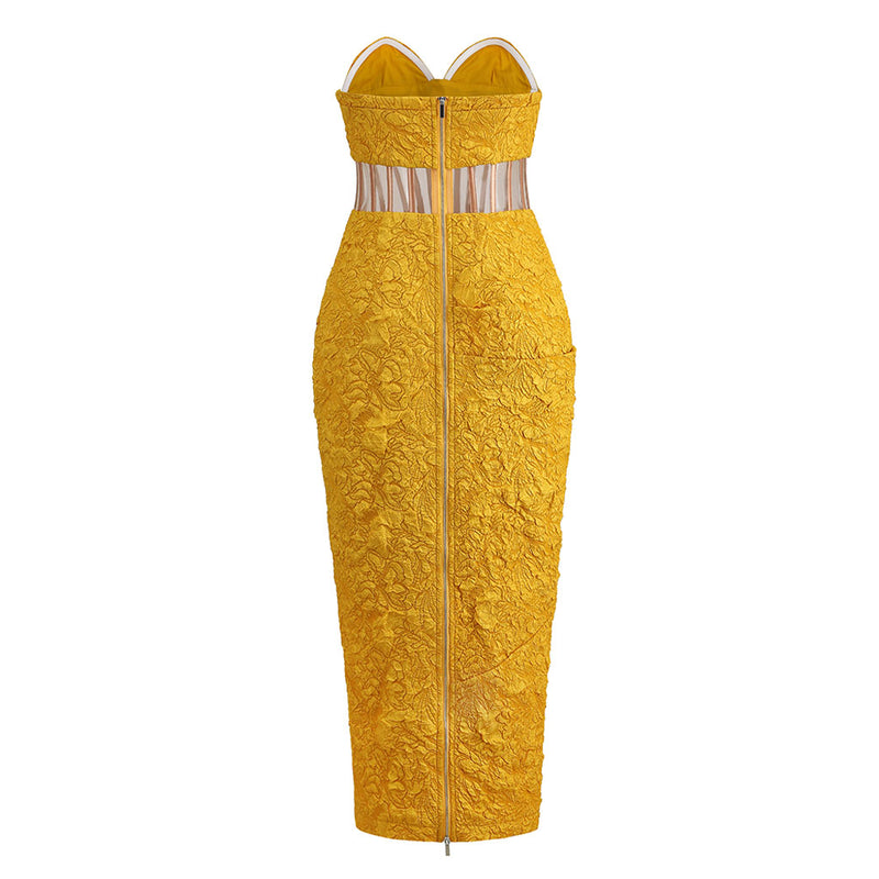 Feminine Sweetheart Strapless Jacquard Mesh Corset Midi Dress - Yellow
