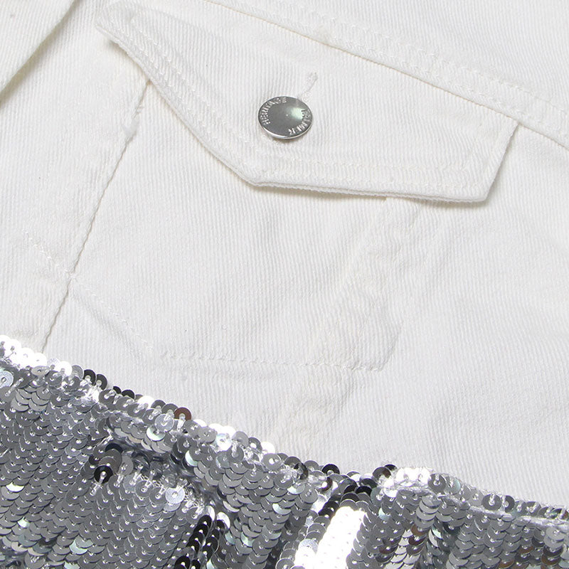 Flamboyant Collared Button Front Long Sleeve Sequin Fringe Denim Jacket