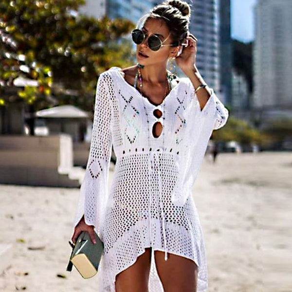 Flare Sleeve Cutout Crochet Drawstring Cover Up - White