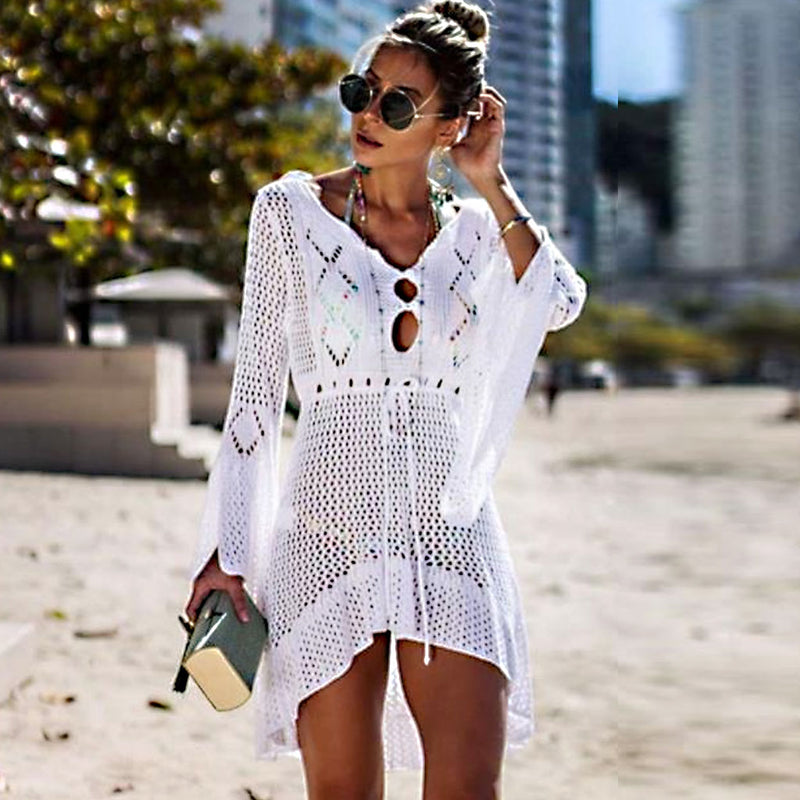 Flare Sleeve Cutout Crochet Drawstring Cover Up - White