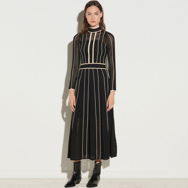 Flattering Stripe Long Sleeve High Neck Knit Pointelle Midi Dress - Black