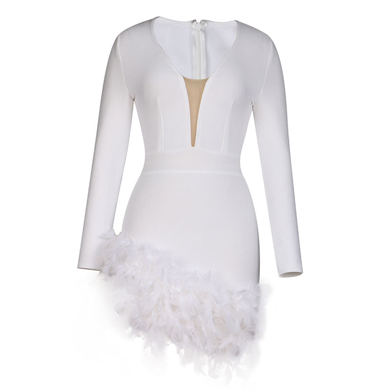 Flirty Faux Feather Trim Plunging Long Sleeve Mini Bandage Dress - White