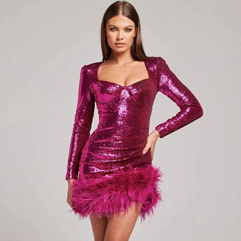 Flirty Faux Feather Trim Sweetheart Neck Long Sleeve Mini Sequin Dress - Fuchsia