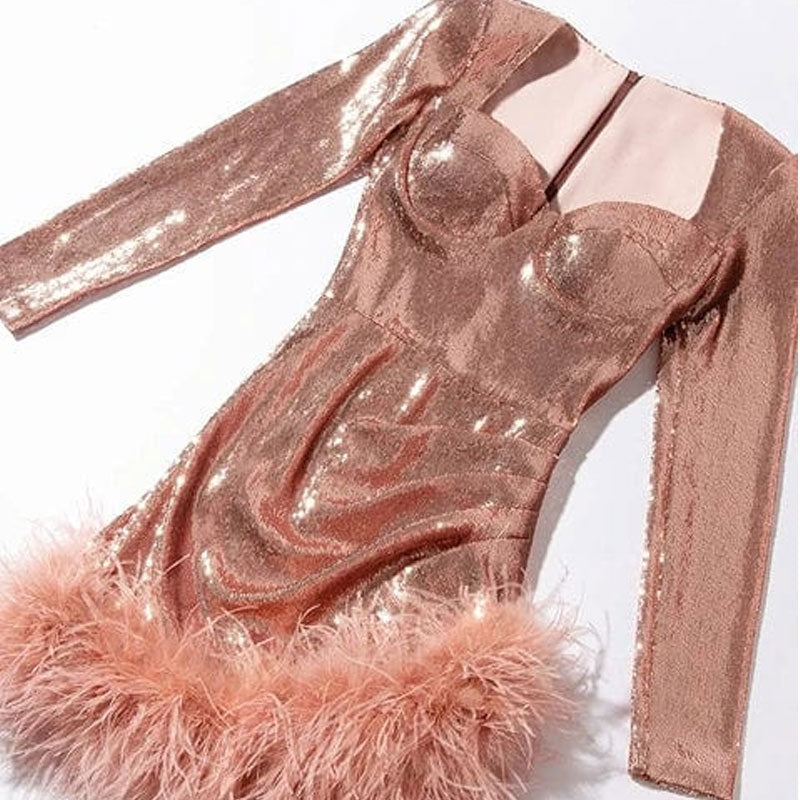 Flirty Faux Feather Trim Sweetheart Neck Long Sleeve Mini Sequin Dress - Pink