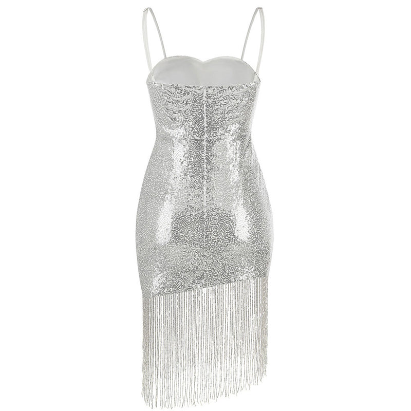 Flirty Fringe Hem Sequin Detail Sweetheart Neck Slip Mini Dress - Silver