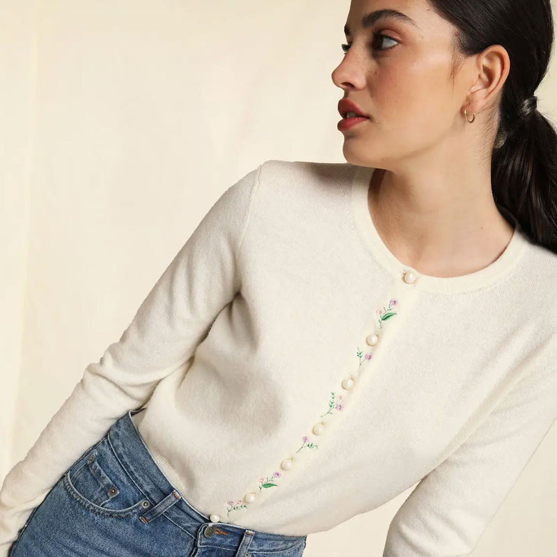 Floral Embroidered Crew Neck Faux Pearl Button Front Cardigan - White