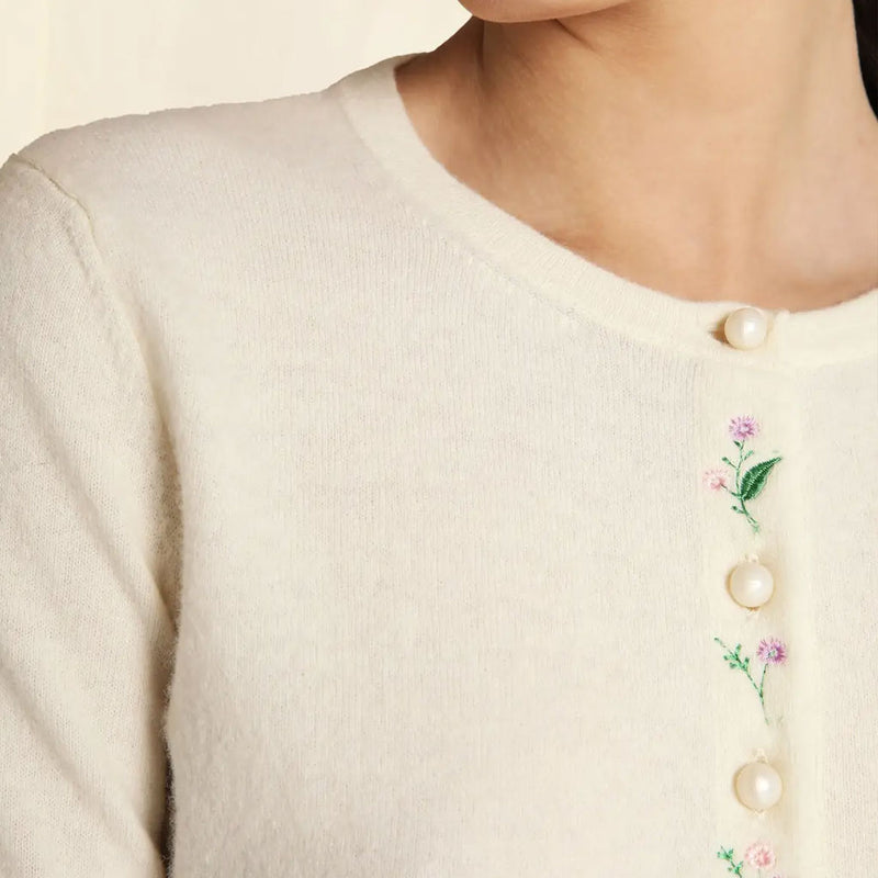 Floral Embroidered Crew Neck Faux Pearl Button Front Cardigan - White