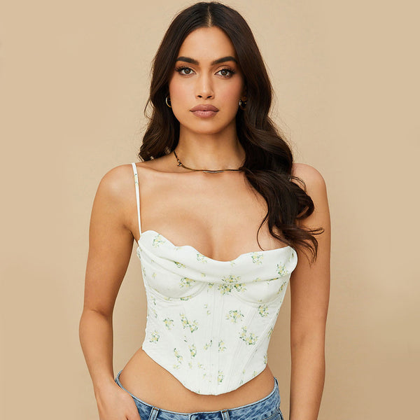 Floral Print Cowl Neck Bustier Cami Corset Crop Top - White