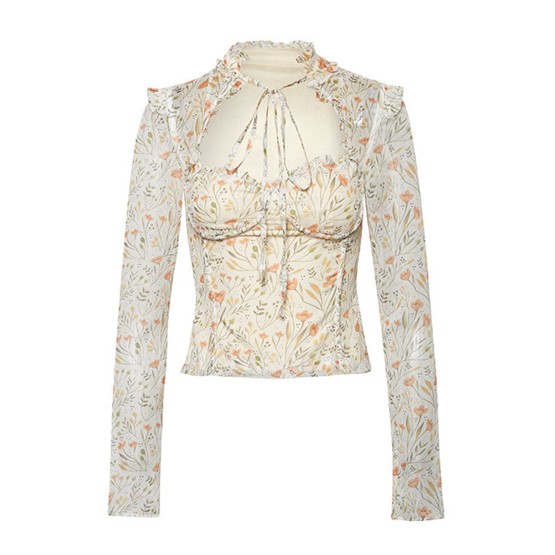 Floral Print Cutout Tie Front High Neck Chiffon Corset Top - Cream