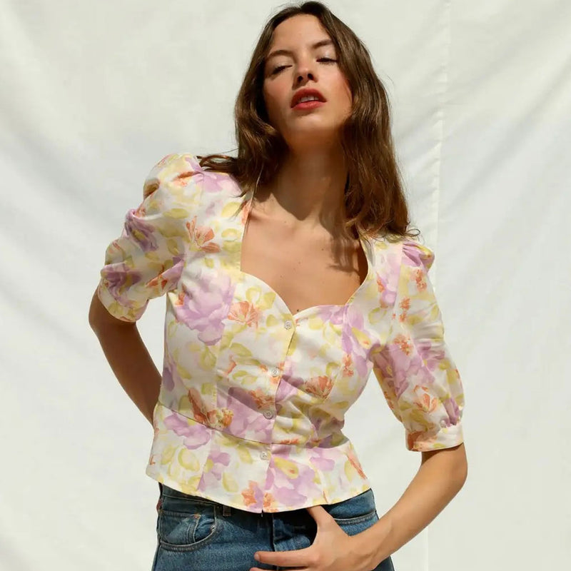 Floral Print Sweetheart Neck Puff Sleeve Linen Peplum Blouse - Yellow