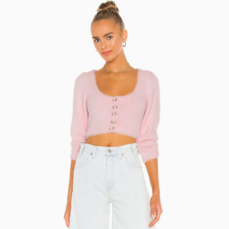 Fluffy Rose Button Scoop Neck Long Sleeve Knit Crop Sweater - Pink