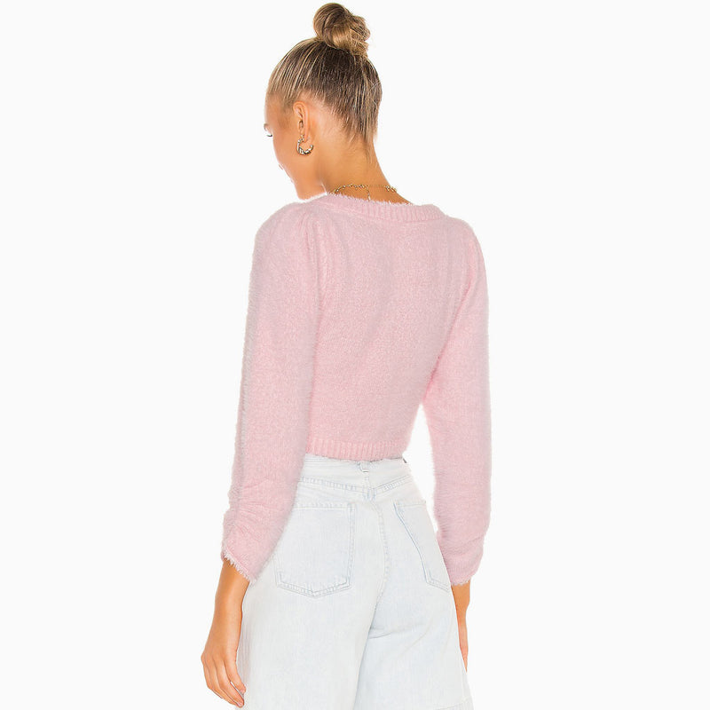 Fluffy Rose Button Scoop Neck Long Sleeve Knit Crop Sweater - Pink
