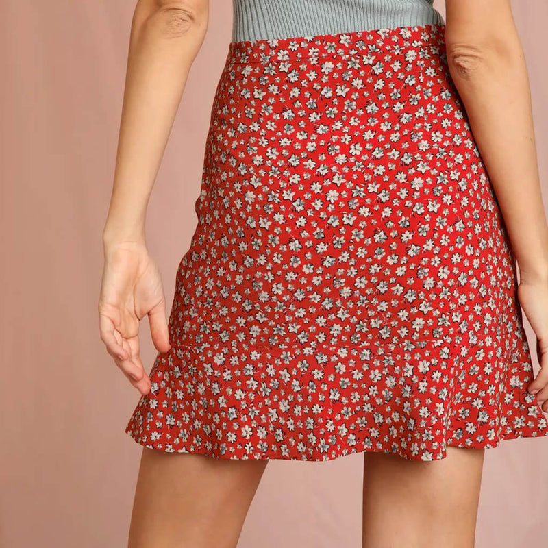 French Floral Print Ruffle Split Button Up Mini Skirt - Red