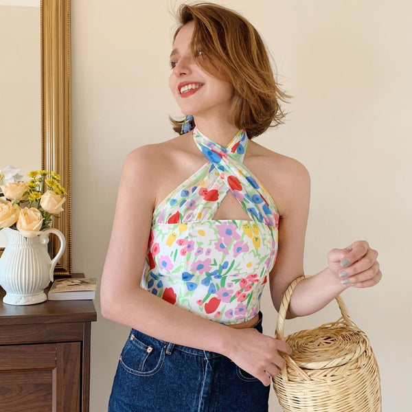 French Style Floral Zip Back Cross Halter Neck Crop Top - White