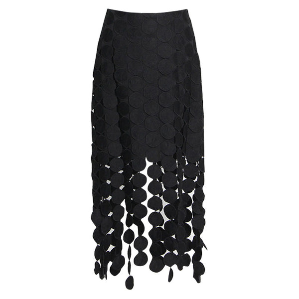 French Style High Waist Laser Cut Circle Fringe Asymmetrical Layered Midi Skirt