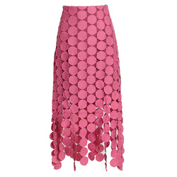 French Style High Waist Laser Cut Circle Fringe Asymmetrical Layered Midi Skirt