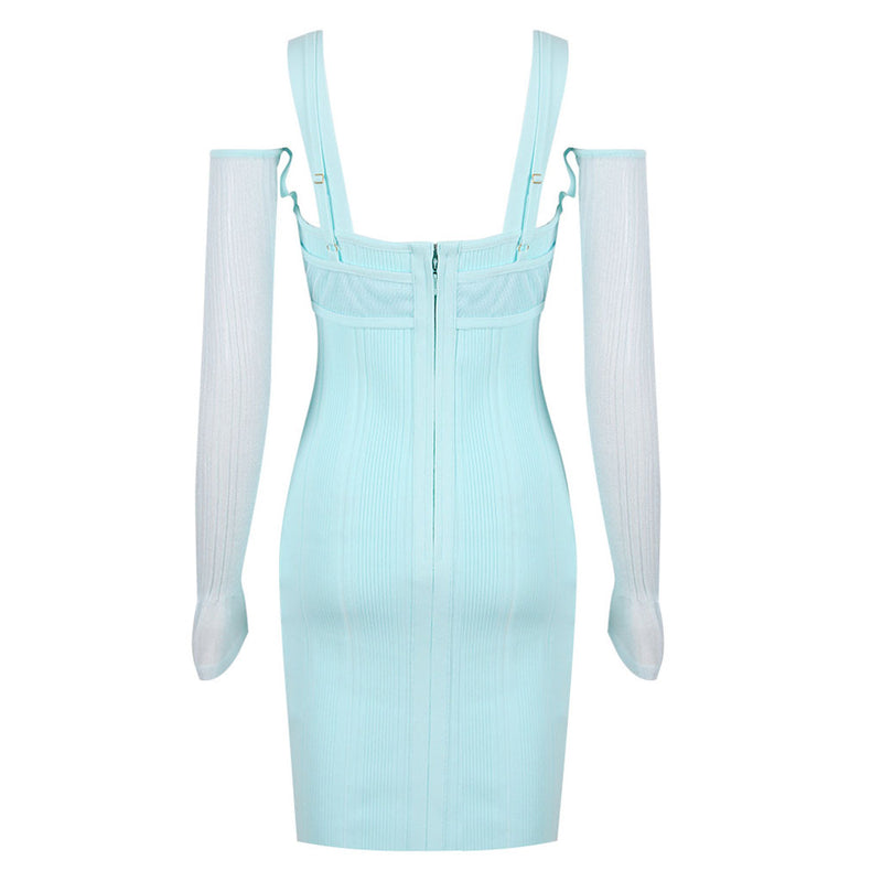 Fresh Sweetheart Cold Shoulder Suspended Strap Jacquard Bandage Mini Dress - Blue